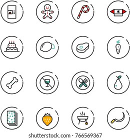 line vector icon set - coffee machine vector, cake man, lollipop, candy, lemon, meat, carrot, broken bone, no alcohol sign, fork spoon plate, pear, breads, strawberry, grill, sickle