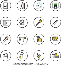line vector icon set - coffee machine vector, metal detector gate, mri, atm, gear, wood drill, tile, tool, jig saw, cocncrete mixer, winch, excavator toy