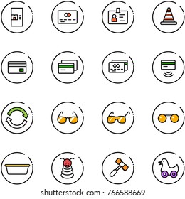 line vector icon set - coffee machine vector, credit card, identity, road cone, tap pay, refresh, sunglasses, basin, pyramid toy, hammer, duck