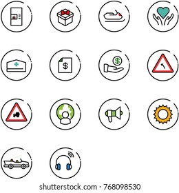 line vector icon set - coffee machine vector, gift, snowmobile, heart care, doctor hat, account statement, investment, turn left road sign, tractor way, man globe, megaphone, sun, cabrio