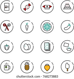 line vector icon set - coffee machine vector, candy, cake, santa stick, carrot, lemon slice, eggplant, sweet pepper, eggs, breads, cereal, green tea, pineapple, strawberry, ice cream