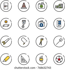 line vector icon set - coffee machine vector, road cone, camera, brick wall, mat, piston, server, saw, fretsaw, plumber, farm fork, work knife, corner ruler, allen key set, soccer ball