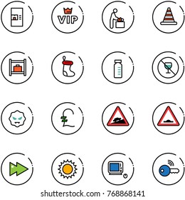 line vector icon set - coffee machine vector, vip, baby room, road cone, baggage, christmas sock, vial, no alcohol sign, virus, pound, climb, artificial unevenness, fast forward, sun, monoblock pc