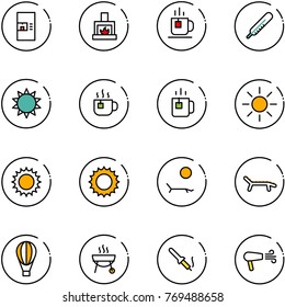 line vector icon set - coffee machine vector, fireplace, tea, thermometer, sun, hot, green, lounger, air balloon, grill, soldering iron, dryer