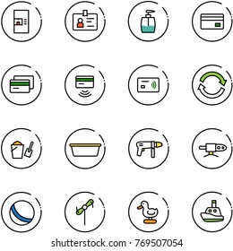 line vector icon set - coffee machine vector, identity, liquid soap, credit card, tap pay, refresh, bucket scoop, basin, drill, pipe welding, ball, toy windmill, duck, boat