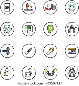 line vector icon set - coffee machine vector, travolator, fork loader, mri, heart gear, atm, brain work, robot, steel rolling, drill, tile, generator, winch, welding, sharpening