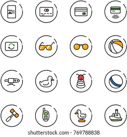 line vector icon set - coffee machine vector, credit card, tap pay, exchange, sunglasses, ball, pipe welding, duck toy, pyramid, hammer, phone, boat