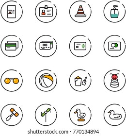 line vector icon set - coffee machine vector, identity, road cone, liquid soap, credit card, tap pay, sunglasses, ball, bucket scoop, pyramid toy, hammer, windmill, duck