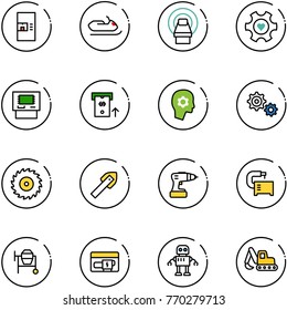 line vector icon set - coffee machine vector, snowmobile, mri, heart gear, atm, brain work, saw disk, tile drill, tool, cocncrete mixer, generator, robot, excavator toy