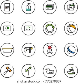 line vector icon set - coffee machine vector, liquid soap, credit card, exchange, refresh, ball, basin, drill, pyramid toy, hammer, windmill, duck, boat