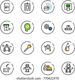 line vector icon set - coffee machine vector, metal detector gate, mri, atm, brain work, gear, conveyor, robot, wood drill, cocncrete mixer, winch, welding, excavator toy
