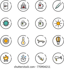 line vector icon set - coffee machine vector, fireplace, tea, thermometer, sun, hot, green, lounger, air balloon, fire, casting of steel, soldering iron, dryer