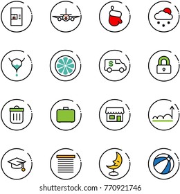 line vector icon set - coffee machine vector, plane, christmas glove, snowfall, bladder, lemon slice, encashment car, locked, trash bin, case, store, growth, graduate hat, jalousie, moon lamp