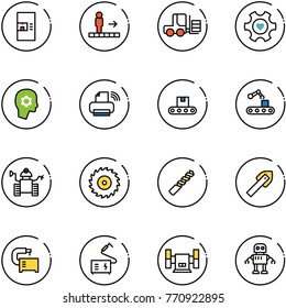 line vector icon set - coffee machine vector, travolator, fork loader, heart gear, brain work, printer wireless, conveyor, robot, saw disk, drill, tile, tool, welding, sharpening