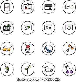 line vector icon set - coffee machine vector, identity, credit card, exchange, sunglasses, pyramid toy, ball, hammer, phone, windmill, duck