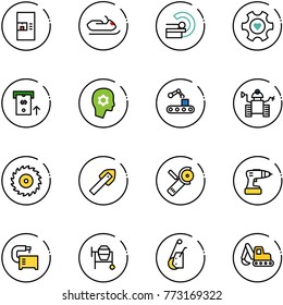 line vector icon set - coffee machine vector, snowmobile, mri, heart gear, atm, brain work, conveyor, robot, saw disk, tile drill, Angular grinder, tool, cocncrete mixer, winch, excavator toy