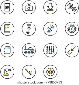 line vector icon set - coffee machine vector, terrorism, download, gears, mobile, piston, satellite antenna, sun power, micro flash card, moon rover, circuit, screwdriver, drill, soldering iron