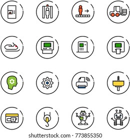 line vector icon set - coffee machine vector, metal detector gate, travolator, fork loader, snowmobile, atm, brain work, gear, printer wireless, crown drill, generator, winch, robot