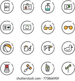 line vector icon set - coffee machine vector, identity, liquid soap, credit card, exchange, sunglasses, ball, bucket scoop, drill, duck toy, pyramid, hammer, phone, windmill