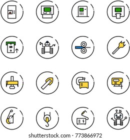 line vector icon set - coffee machine vector, atm, robot, steel rolling, wood drill, milling cutter, tile, tool, jig saw, winch, welding