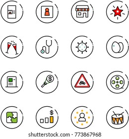 line vector icon set - coffee machine vector, female wc, duty free, christmas star, wine glasses, stethoscope, virus, eggs, atm, money torch, road for moto sign, film coil, puzzle, dollar chart, man