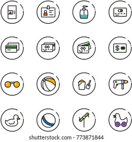line vector icon set - coffee machine vector, identity, liquid soap, credit card, sunglasses, ball, bucket scoop, drill, duck toy, windmill