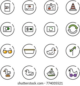line vector icon set - coffee machine vector, credit card, identity, road cone, exchange, refresh, sunglasses, basin, duck toy, windmill, boat