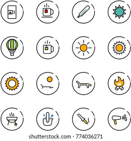 line vector icon set - coffee machine vector, tea, thermometer, sun, air balloon, green, lounger, fire, grill, casting of steel, soldering iron, dryer