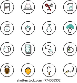 line vector icon set - coffee machine vector, cake, santa stick, diet list, apple, sweet pepper, pear, broccoli, eggs, breads, cereal, green tea, pineapple, strawberry, ice cream, sickle