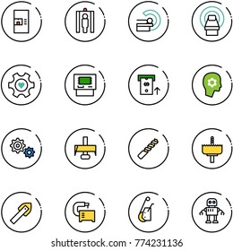 line vector icon set - coffee machine vector, metal detector gate, mri, heart gear, atm, brain work, milling cutter, drill, crown, tile, tool, winch, robot