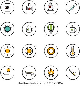 line vector icon set - coffee machine vector, fireplace, tea, thermometer, sun, hot, air balloon, green, lounger, fire, soldering iron