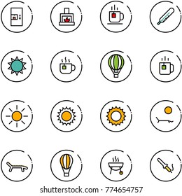 line vector icon set - coffee machine vector, fireplace, tea, thermometer, sun, hot, air balloon, green, lounger, grill, soldering iron