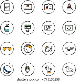 line vector icon set - coffee machine vector, credit card, identity, road cone, liquid soap, tap pay, exchange, sunglasses, ball, bucket scoop, pipe welding, phone toy, duck