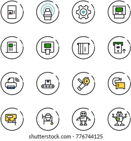 line vector icon set - coffee machine vector, mri, heart gear, atm, printer wireless, conveyor, Angular grinder, tool, jig saw, cocncrete mixer, robot