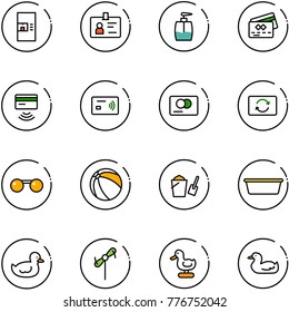 line vector icon set - coffee machine vector, identity, liquid soap, credit card, tap pay, exchange, sunglasses, ball, bucket scoop, basin, duck toy, windmill