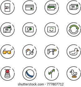 line vector icon set - coffee machine vector, credit card, exchange, refresh, sunglasses, bucket scoop, drill, duck toy, pyramid, ball, windmill