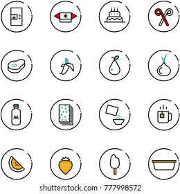 line vector icon set - coffee machine vector, candy, cake, santa stick, meat, banana, pear, onion, milk, breads, cereal, green tea, watermelone, strawberry, ice cream, basin