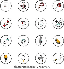 line vector icon set - coffee machine vector, cake man, lollipop, candy, tea, apple, fork spoon plate, eggplant, sweet pepper, spica, watermelone, ice cream, grill, sickle