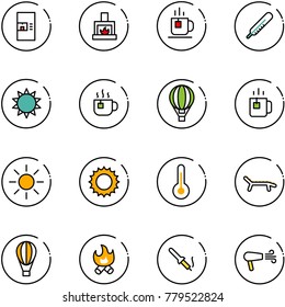 line vector icon set - coffee machine vector, fireplace, tea, thermometer, sun, hot, air balloon, green, lounger, fire, soldering iron, dryer