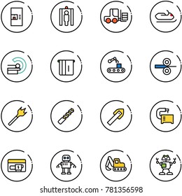 line vector icon set - coffee machine vector, metal detector gate, fork loader, snowmobile, mri, atm, conveyor, steel rolling, wood drill, tile, tool, generator, robot, excavator toy