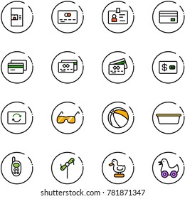 line vector icon set - coffee machine vector, credit card, identity, exchange, sunglasses, ball, basin, phone toy, windmill, duck