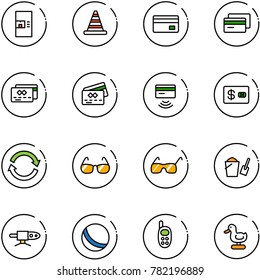 line vector icon set - coffee machine vector, road cone, credit card, tap pay, refresh, sunglasses, bucket scoop, pipe welding, ball, phone toy, duck