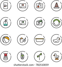 line vector icon set - coffee machine vector, credit card, identity, road cone, liquid soap, refresh, ball, bucket scoop, basin, duck toy, pyramid, phone, windmill