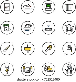 line vector icon set - coffee machine vector, snowmobile, atm, printer wireless, conveyor, robot, drill, crown, tile, cocncrete mixer, winch, sharpening, excavator toy