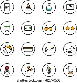 line vector icon set - coffee machine vector, road cone, liquid soap, credit card, tap pay, sunglasses, ball, basin, drill, duck toy, pyramid, hammer, phone