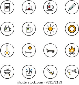 line vector icon set - coffee machine vector, fireplace, tea, thermometer, hot, green, sun, lounger, fire, grill, casting of steel, soldering iron, dryer