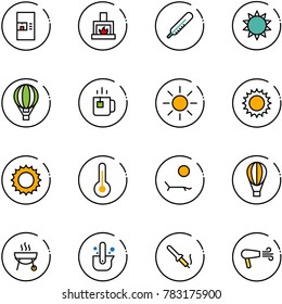 line vector icon set - coffee machine vector, fireplace, thermometer, sun, air balloon, green tea, lounger, grill, casting of steel, soldering iron, dryer