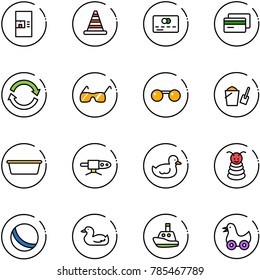 line vector icon set - coffee machine vector, road cone, credit card, refresh, sunglasses, bucket scoop, basin, pipe welding, duck toy, pyramid, ball, boat