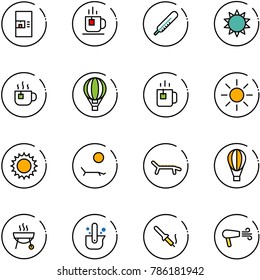 line vector icon set - coffee machine vector, tea, thermometer, sun, hot, air balloon, green, lounger, grill, casting of steel, soldering iron, dryer