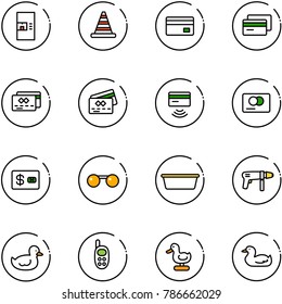 line vector icon set - coffee machine vector, road cone, credit card, tap pay, sunglasses, basin, drill, duck toy, phone